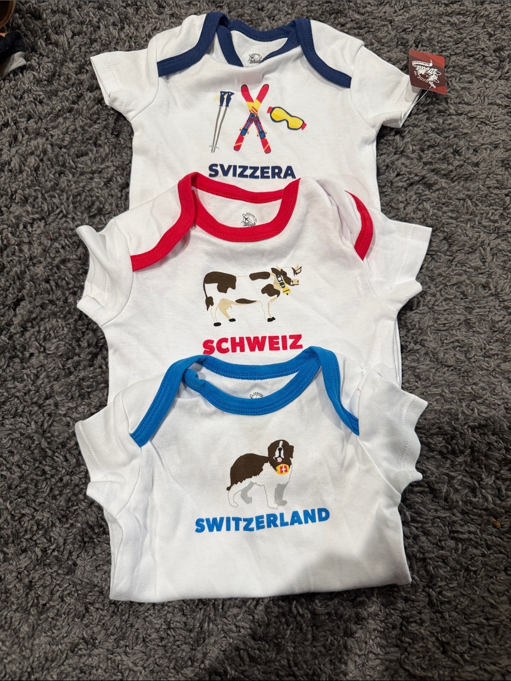 Set of 3 Switzerland Baby Onesies - White with Blue & Red Trim